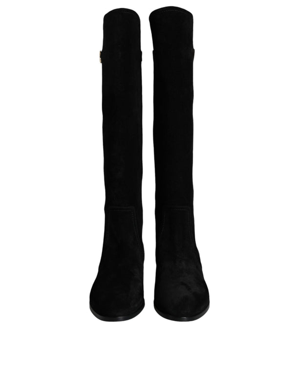 Black Suede Leather Knee High Boots Shoes