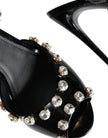 Black Leather Crystal Ankle Strap Sandals Shoes