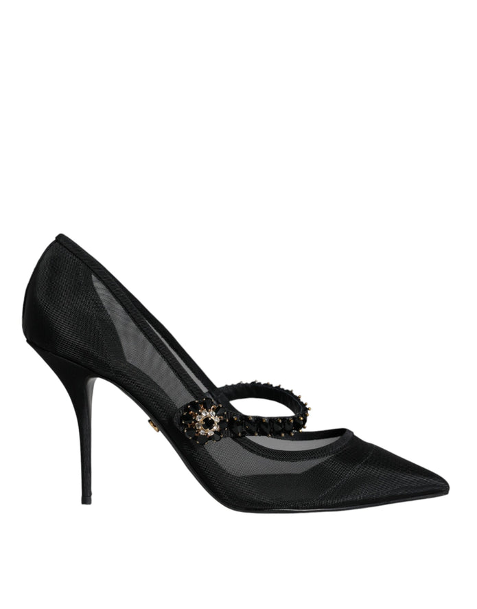 Black Mesh Mary Jane Crystal Heel Pumps Shoes