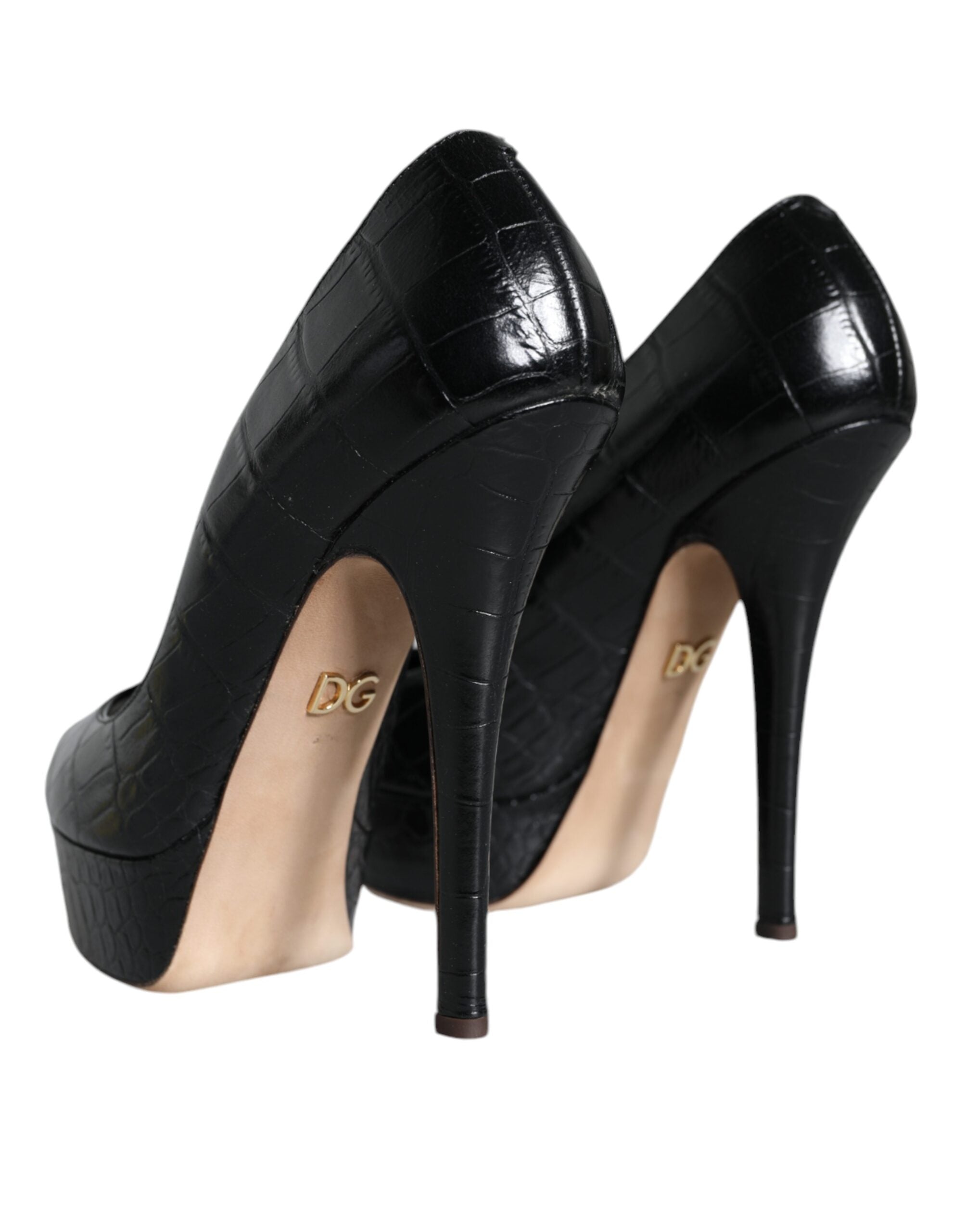 Black Leather Platform Heels Pumps Shoes