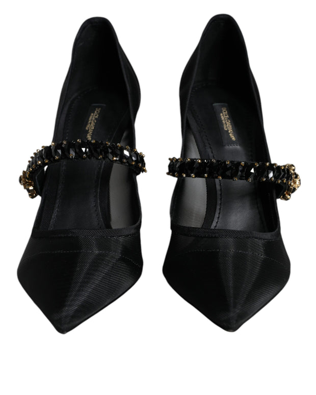 Black Mesh Mary Jane Crystal Heel Pumps Shoes