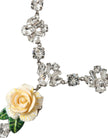 Silver Brass Clear Crystal Roses Pendants Necklace