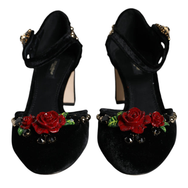 Black Velvet Roses Ankle Strap Pumps Shoes