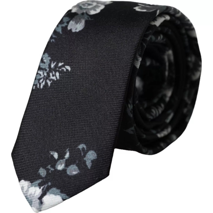 Black Floral Print Silk Adjustable Men Tie