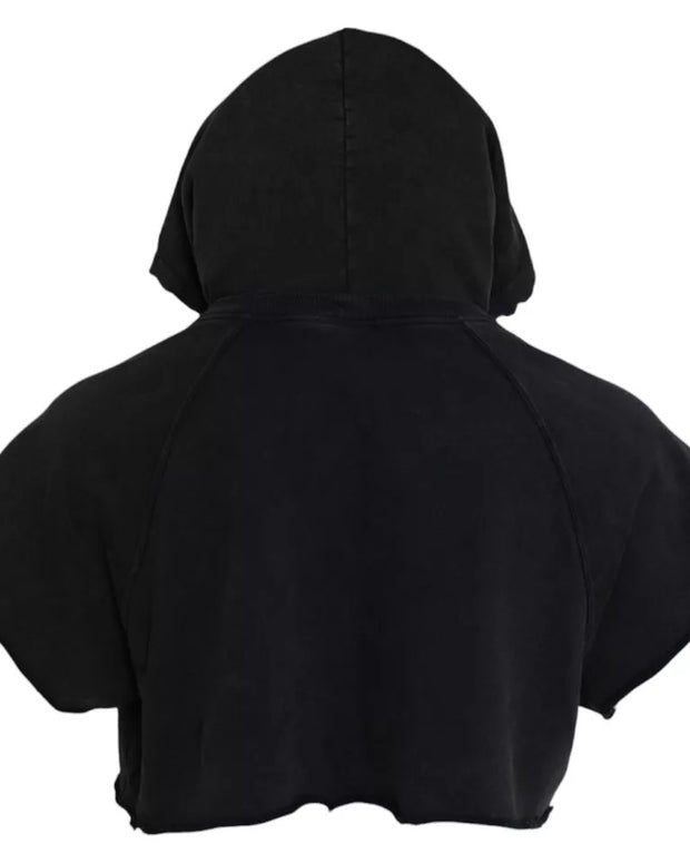 Black Cotton Hooded Short Sleeves Cropped T-shirt
