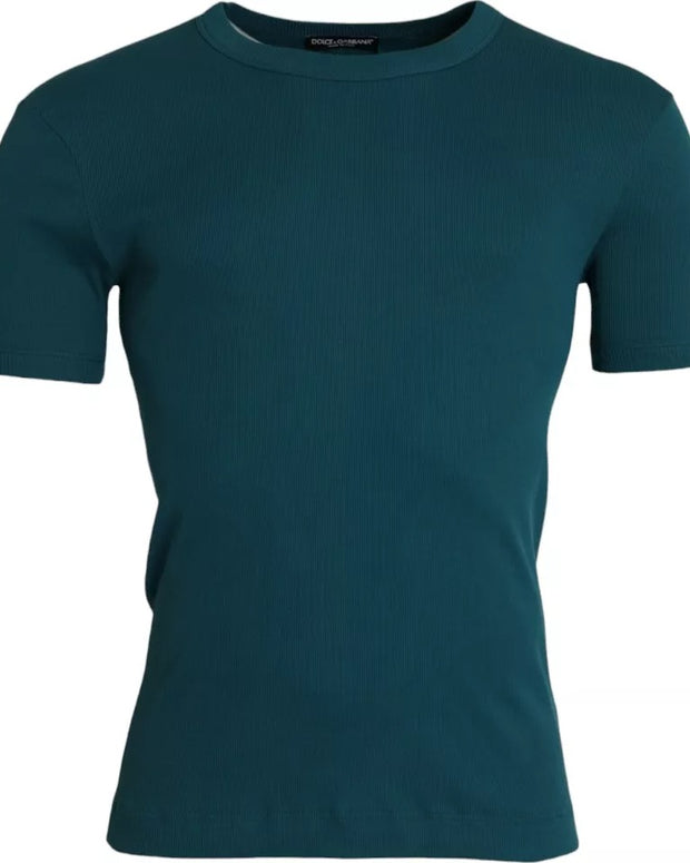 Blue Green Cotton Round Neck Short Sleeves T-shirt
