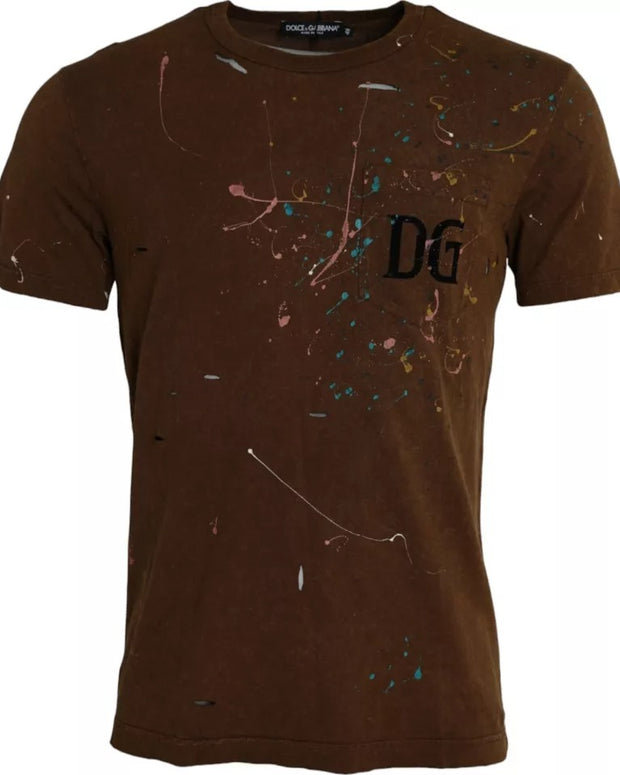Brown Color Splash Cotton Crew Neck T-shirt