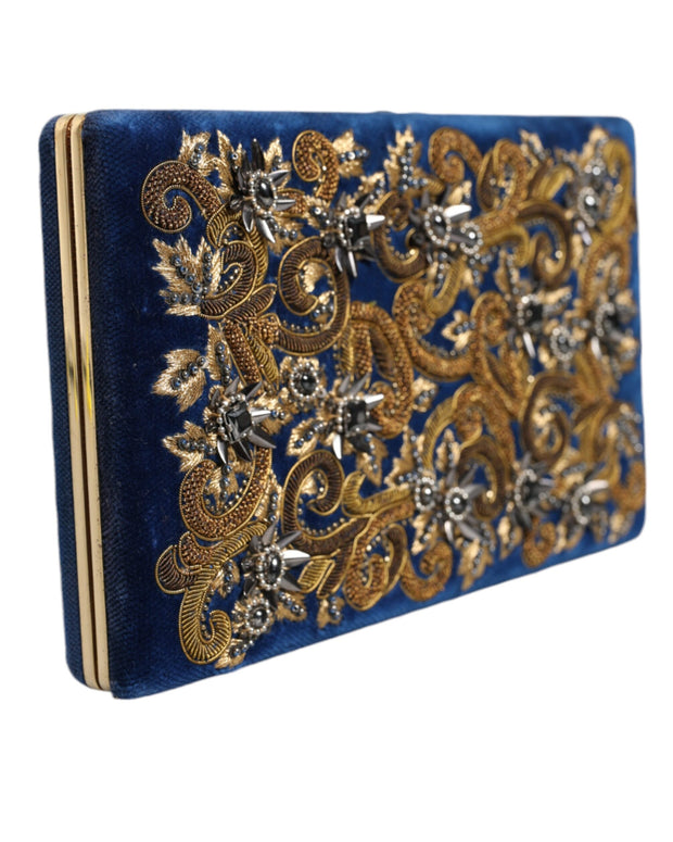 Blue Velvet Gold Frame Clutch Evening Party Purse Bag
