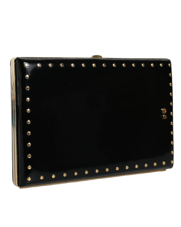 Black Leather Studs Gold Frame Clutch Evening Purse Bag