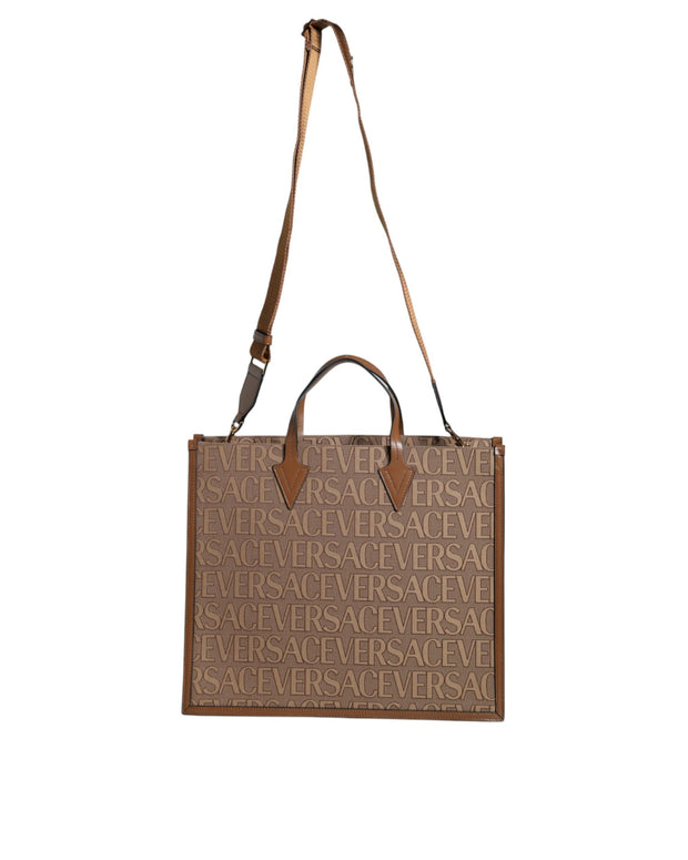 Brown Top Handle Jacquard Leather Logo Crossbody Tote Bag