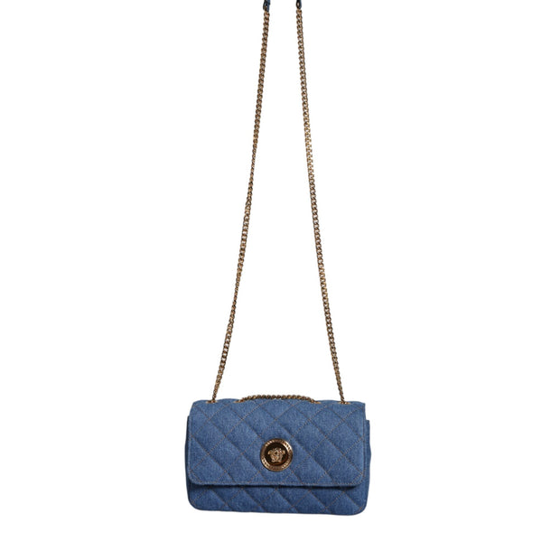 Blue Quilted Denim Leather Crossbody Shoulder Bag