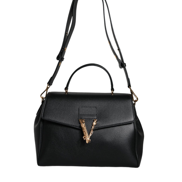 Black Top Handle Grainy Calfskin Leather Crossbody Bag