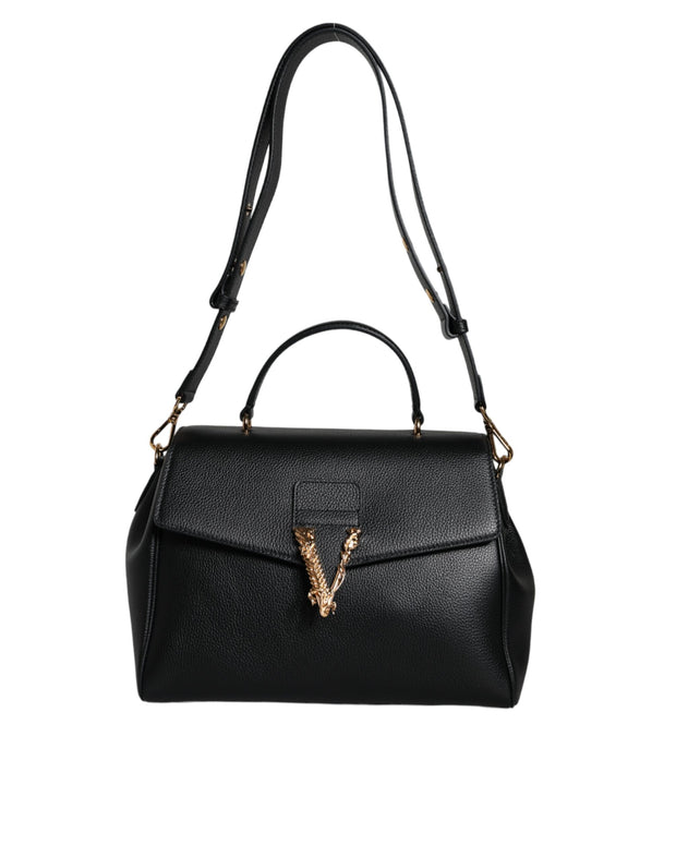 Black Top Handle Grainy Calfskin Leather Crossbody Bag