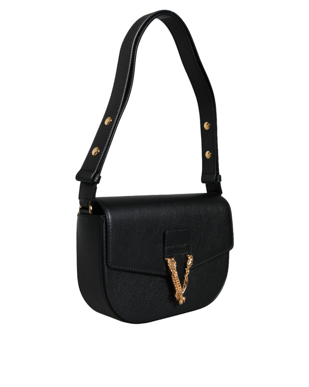 Black Grainy Calf Leather Logo Crossbody Shoulder Bag