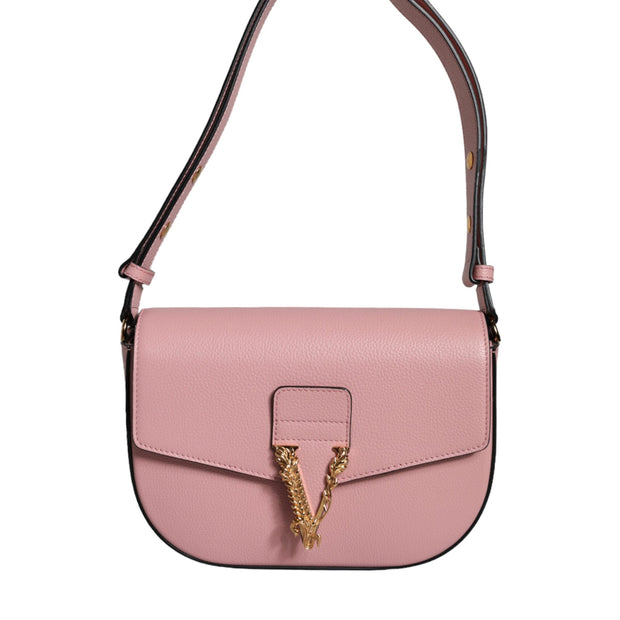 Pink Grainy Calf Leather Logo Crossbody Shoulder Bag