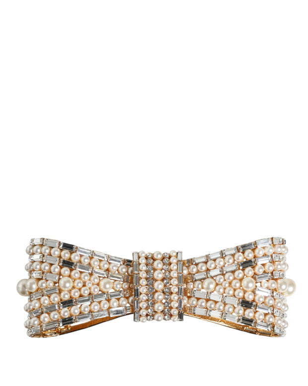 Gold Tone Brass Bow Crystal FauxPearl Embellished Brooch