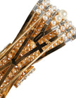 Gold Tone Brass Bow Crystal FauxPearl Embellished Brooch