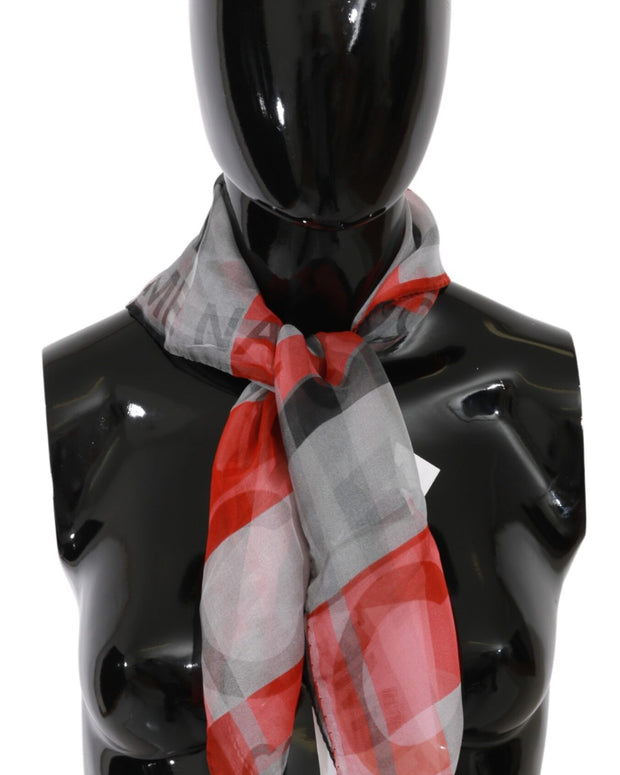 Gray Red 100% Silk Branded Scarf