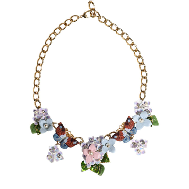 Multicolor Floral Decor Crystal Gold Brass Chain Necklace