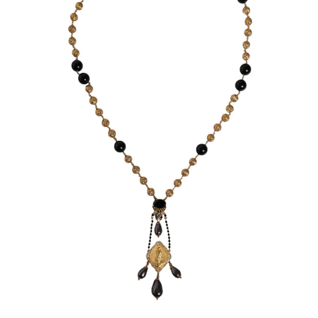 Gold Chain Brass Black Beaded Rosary Style Necklace