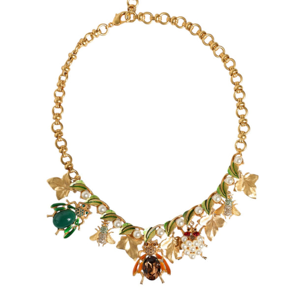 Gold Brass Crystal Bug Charm Pendant Statement Necklace