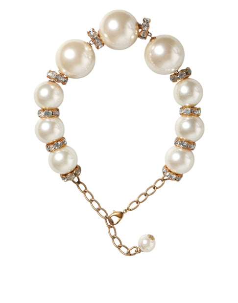 White Maxi Faux Pearl Beads Crystals Gold Chain Necklace