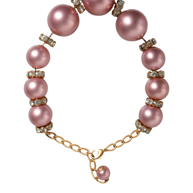 Pink Maxi Faux Pearl Beads Crystals Gold Chain Necklace