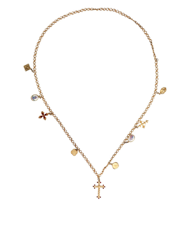 Gold Tone Brass Chain Religious Cross Pendant Necklace