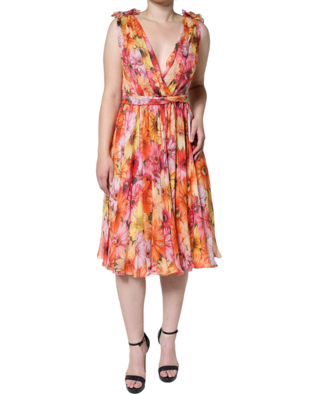 Multicolor Floral Sleeveless V-neck Midi Dress