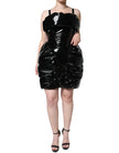 Black Polyester Ruched Coated Mini Dress