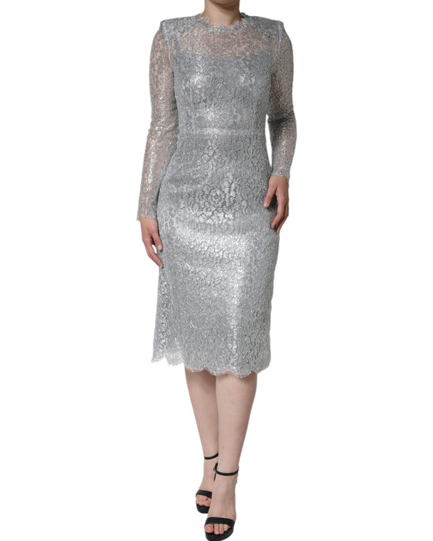 Silver Floral Lace Bodycon Sheath Midi Dress