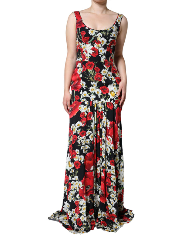 Black Floral Silk Sleeveless Long Gown Dress