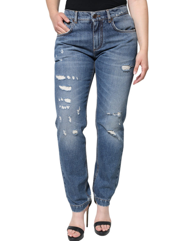 Blue Cotton Tattered Boyfriend Denim Jeans