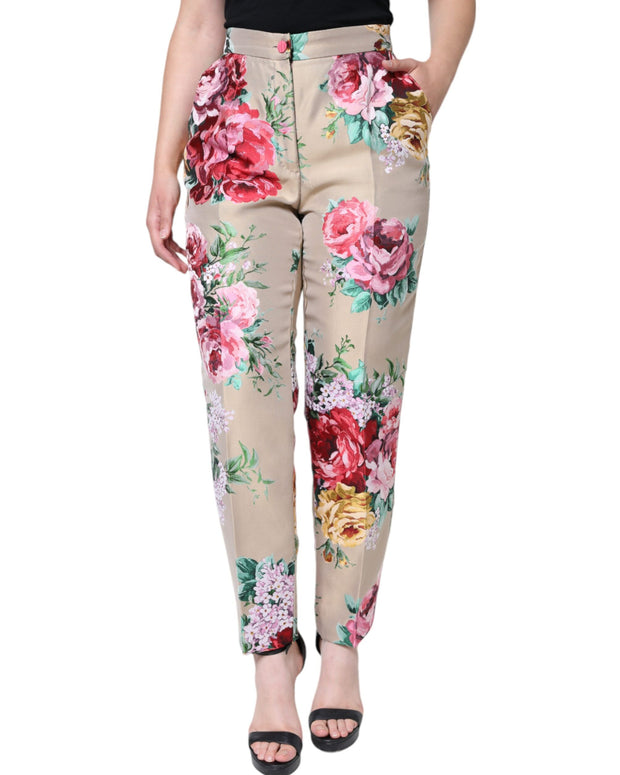 Beige Floral Jacquard High Waist Tapered Pants