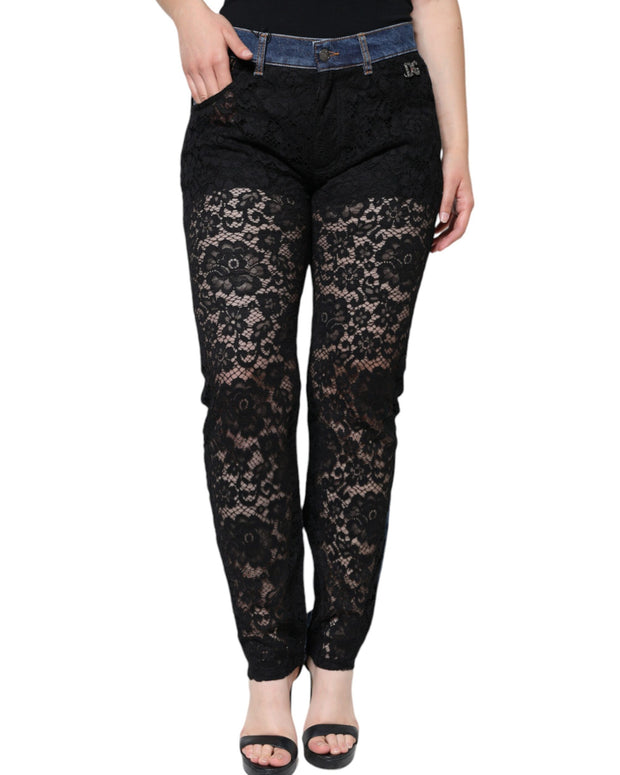 Black Floral Lace Front Skinny Denim Jeans