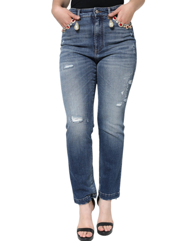 Dark Blue Cotton Tattered Skinny Denim Jeans