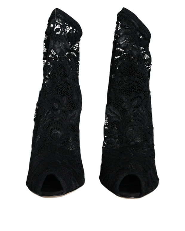 Black Lace Stretch Heels Mid Calf Boot Shoes
