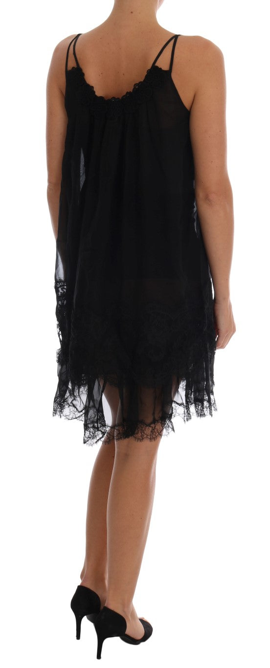 Elegant Black Silk Lace Chemise Dress