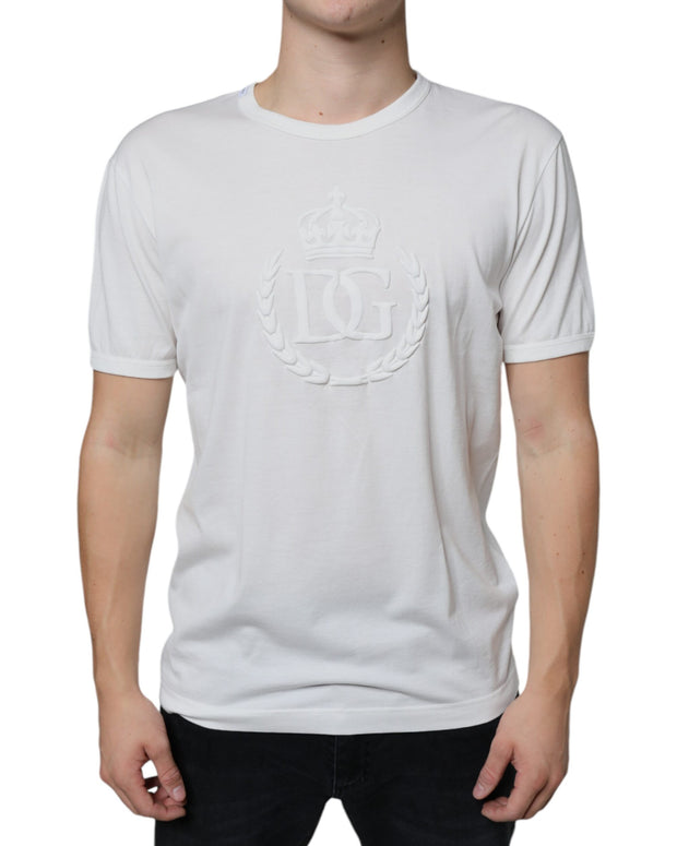 White Logo Embossed Cotton Crewneck T-shirt