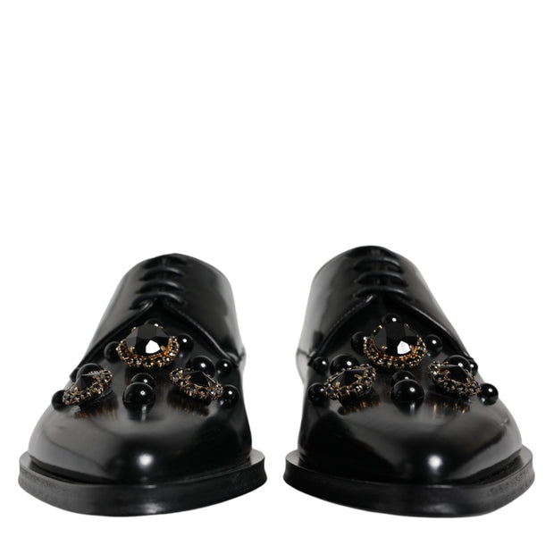 Black Leather Crystal Lace Up Formal Shoes