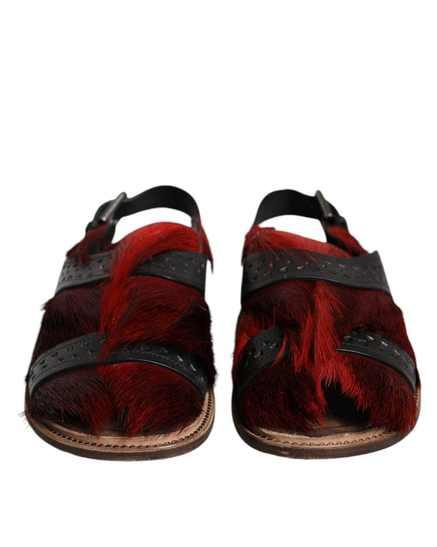 Black Red Gazelle Hair Leather Sandals Shoes