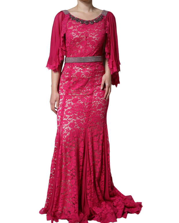 Pink Lace Crystal Sheath Long Gown Dress
