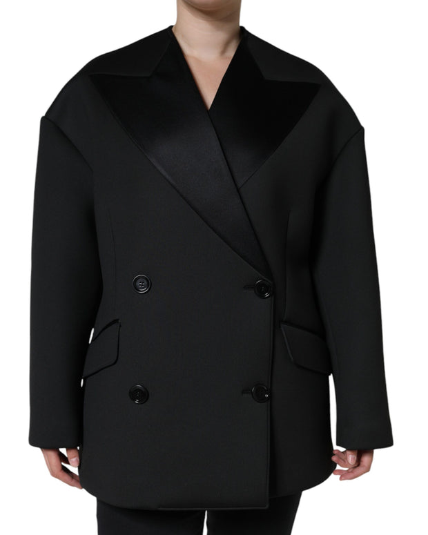 Black Polyester Double Breasted Coat Jacket