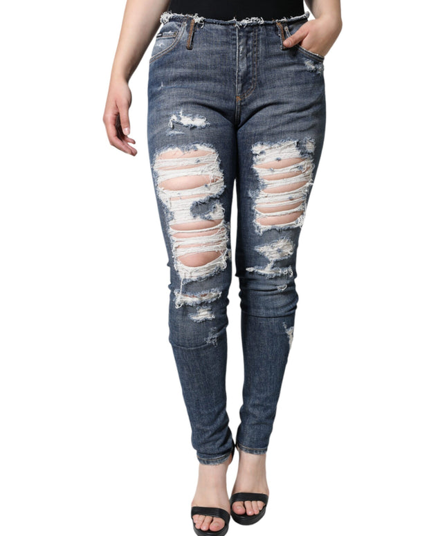 Blue Cotton Stretch Tattered Skinny Jeans