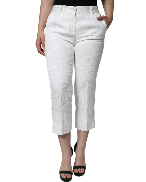 White Floral Brocade Cotton Cropped Pants