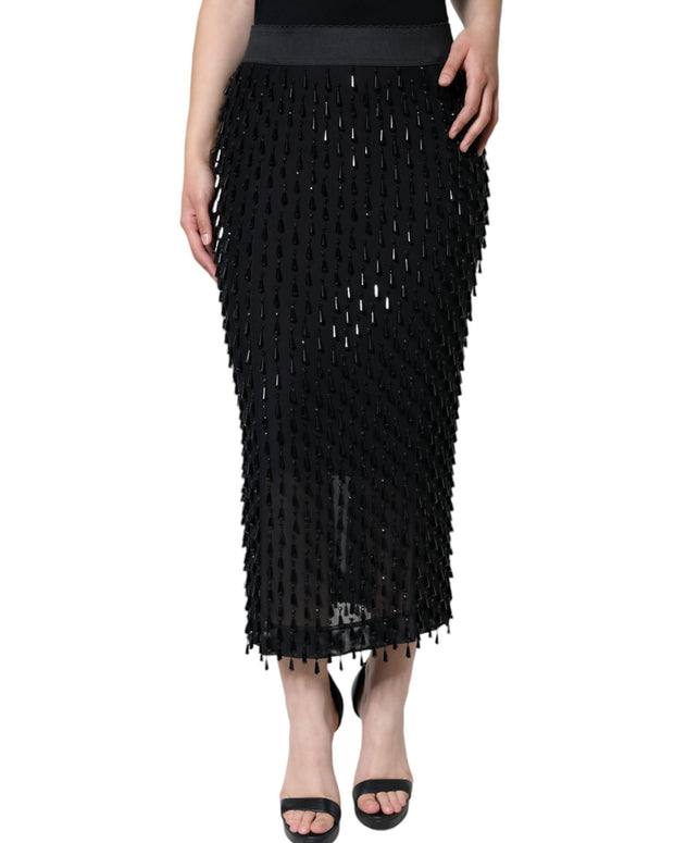 Black Embellished Pencil Cut Midi Skirt