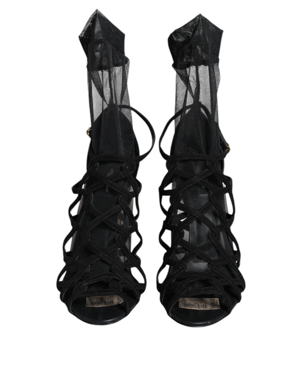 Black Tulle Stretch Heels Sandals Shoes