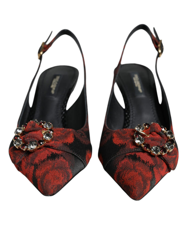 Black Red Floral Crystal Heel Slingback Shoes