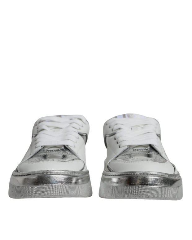 White Silver Leather Low Top Sneakers Shoes