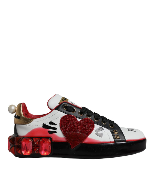 White Red Crystals Leather Portofino Sneakers Shoes
